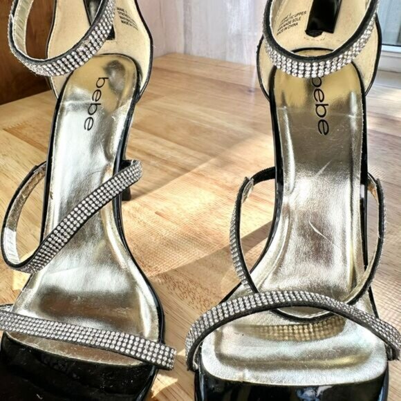 Bebe Black Women's High Heel Janae Strappy Pump w/ Rhinestones Size 8 - Picture 5 of 10